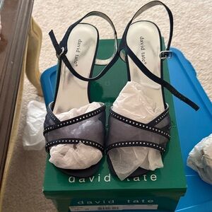 David Tate Black and Silver Studded Slingback Heels